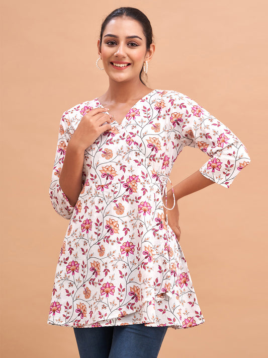 Floral Printed V-Neck Pure Cotton Angrakha A-Line Kurti FRKT6181