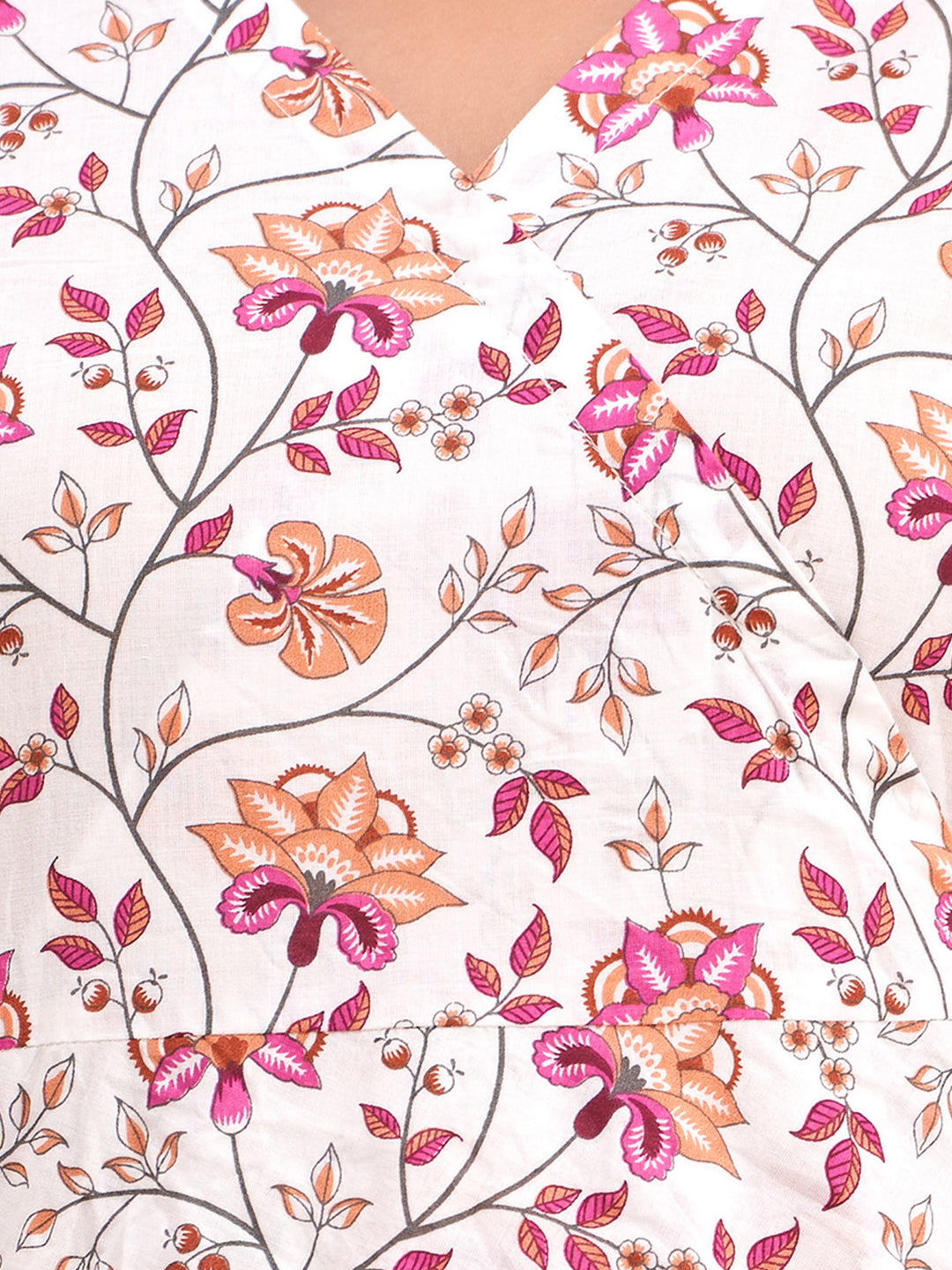 Floral Printed V-Neck Pure Cotton Angrakha A-Line Kurti FRKT6181