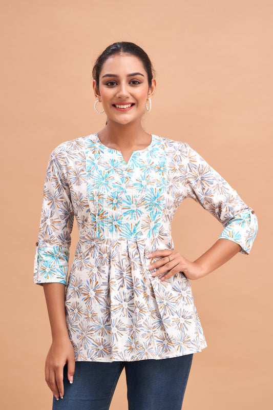 Ethnic Motifs Printed Gathers Cotton Tunic FRKT6219