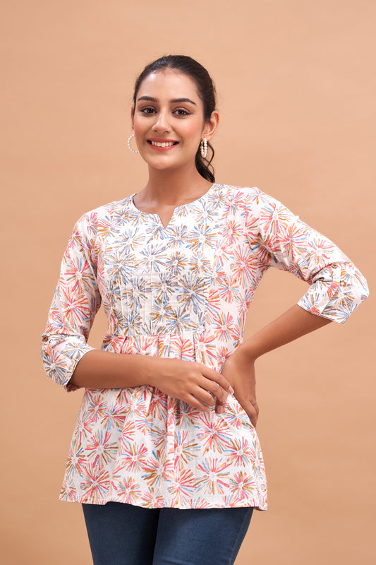 Ethnic Motifs Printed Gathers Cotton Tunic FRKT6218