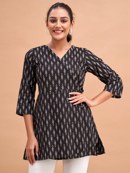 Floral Printed V-Neck Pure Cotton Angrakha A-Line Kurti FRKT6176