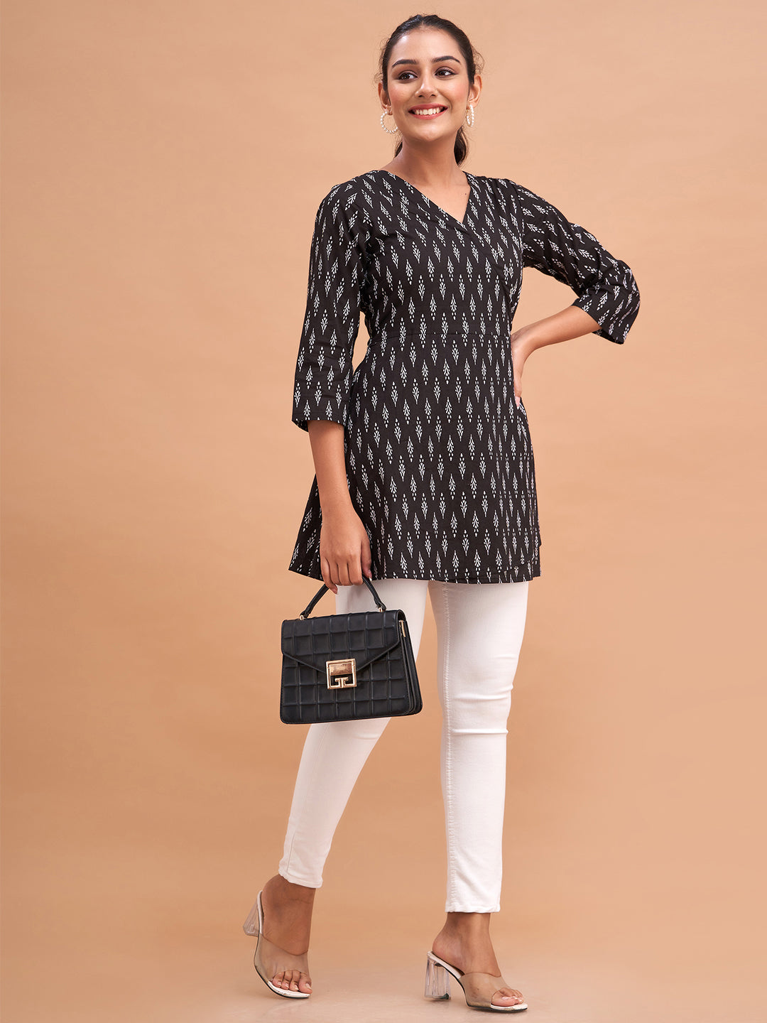 Floral Printed V-Neck Pure Cotton Angrakha A-Line Kurti FRKT6176