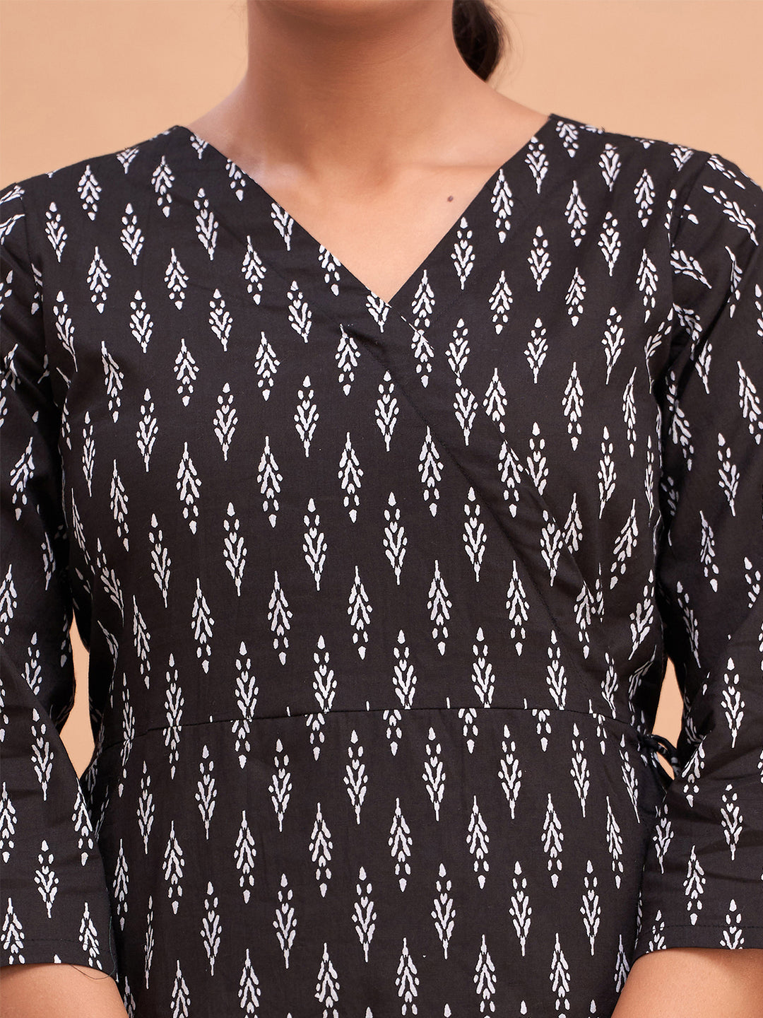 Floral Printed V-Neck Pure Cotton Angrakha A-Line Kurti FRKT6176