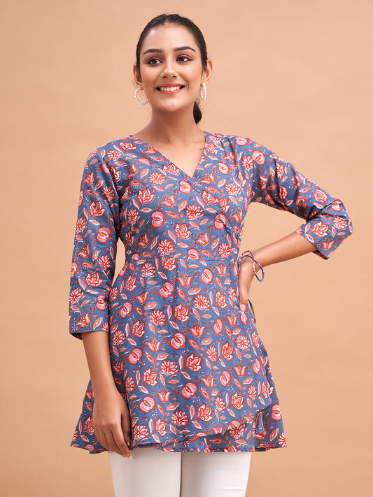 Floral Printed V-Neck Pure Cotton Angrakha A-Line Kurti FRKT6186