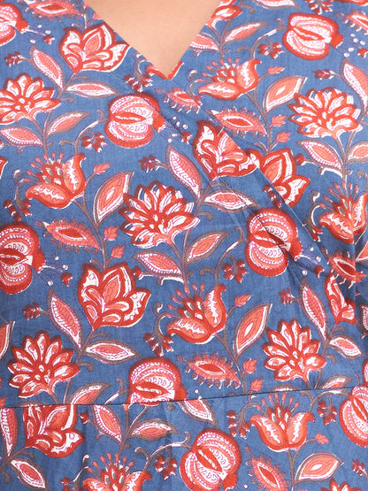 Floral Printed V-Neck Pure Cotton Angrakha A-Line Kurti FRKT6186