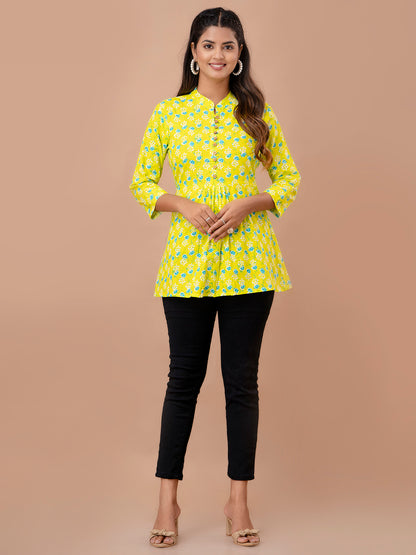 Floral Printed Pure Cotton Pleated A-Line Kurti FRKT6243