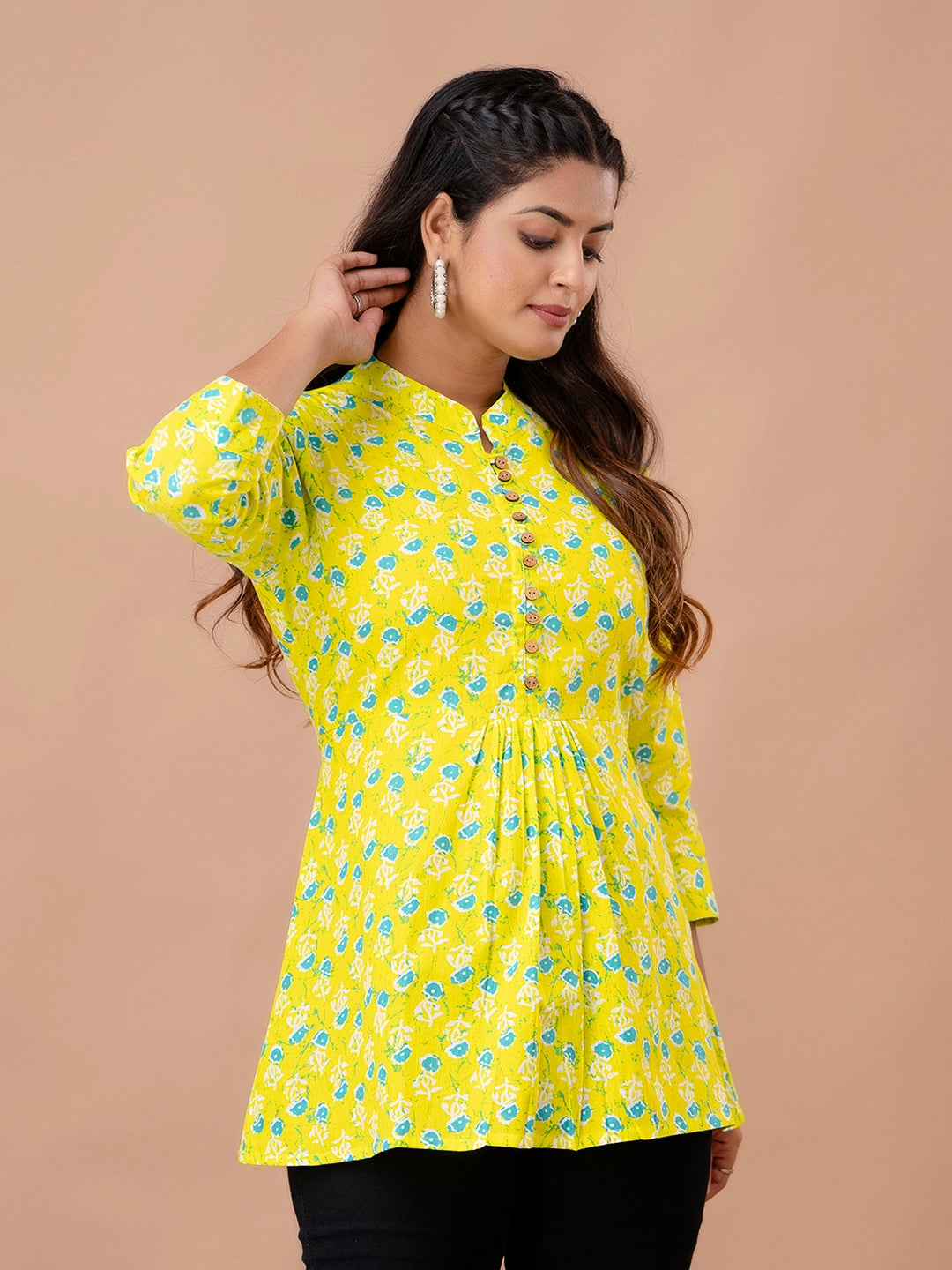 Floral Printed Pure Cotton Pleated A-Line Kurti FRKT6243