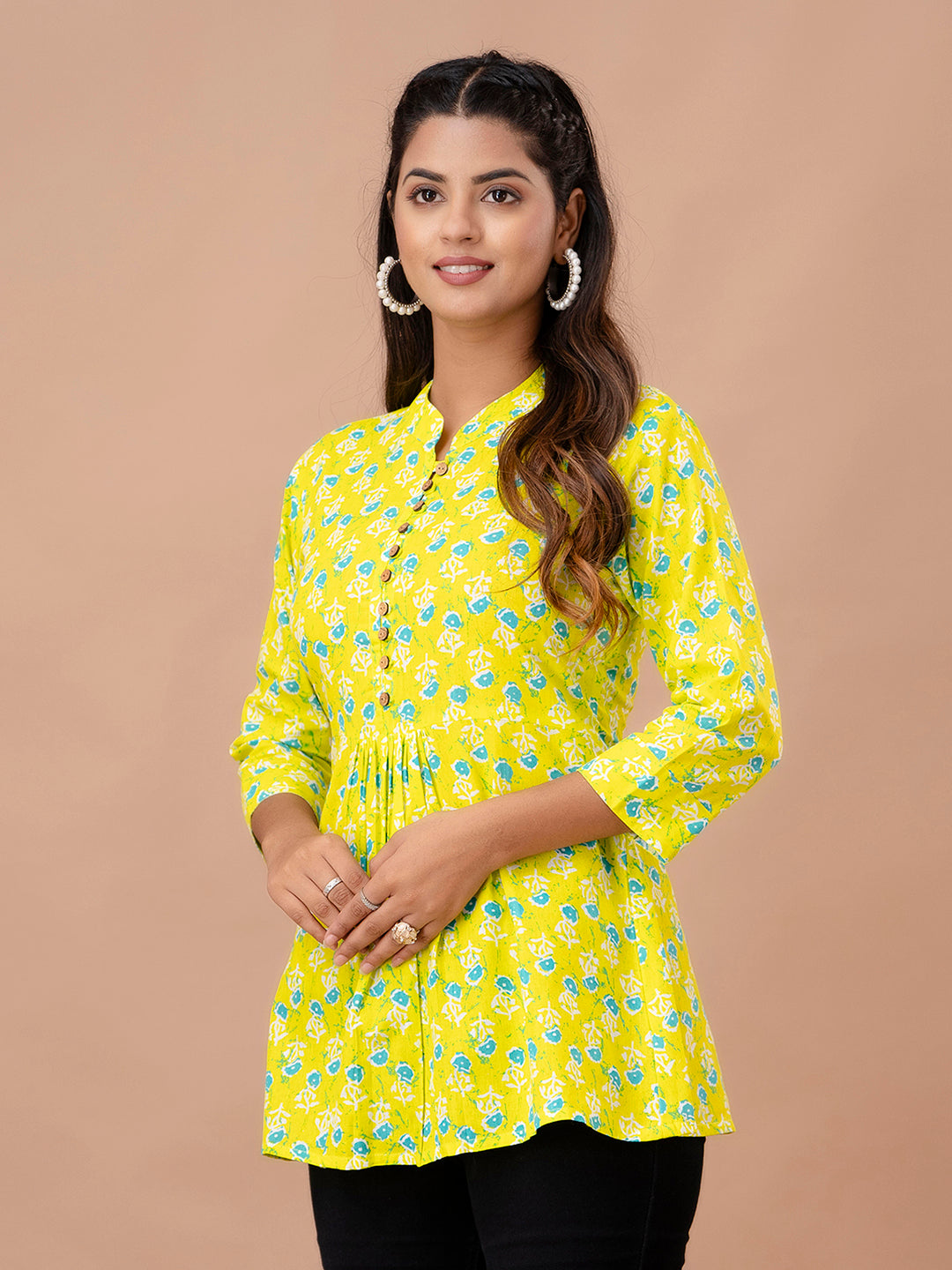 Floral Printed Pure Cotton Pleated A-Line Kurti FRKT6243