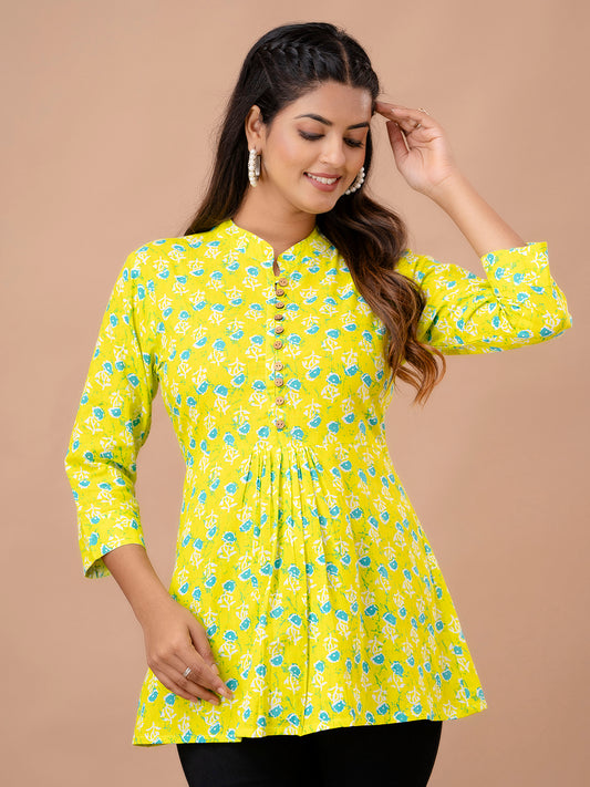 Floral Printed Pure Cotton Pleated A-Line Kurti FRKT6243