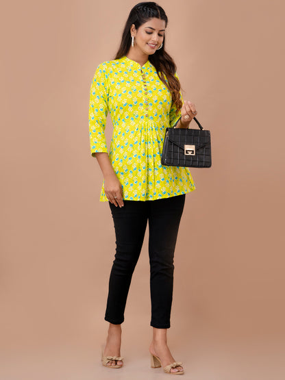 Floral Printed Pure Cotton Pleated A-Line Kurti FRKT6243
