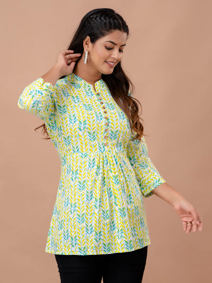 Floral Printed Pure Cotton Pleated A-Line Kurti FRKT6237