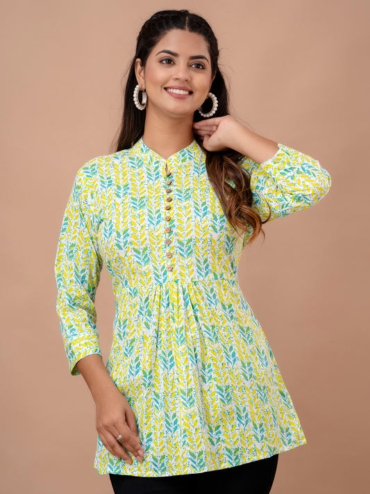 Floral Printed Pure Cotton Pleated A-Line Kurti FRKT6237