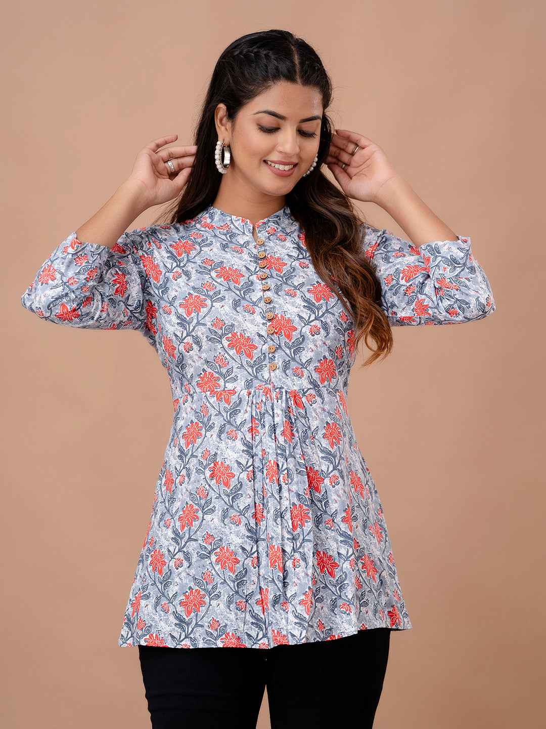 Floral Printed Pure Cotton Pleated A-Line Kurti FRKT6244