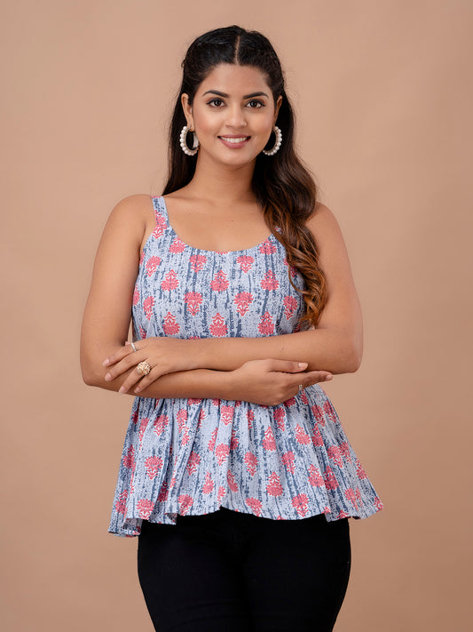 Floral Print Cotton Peplum Top