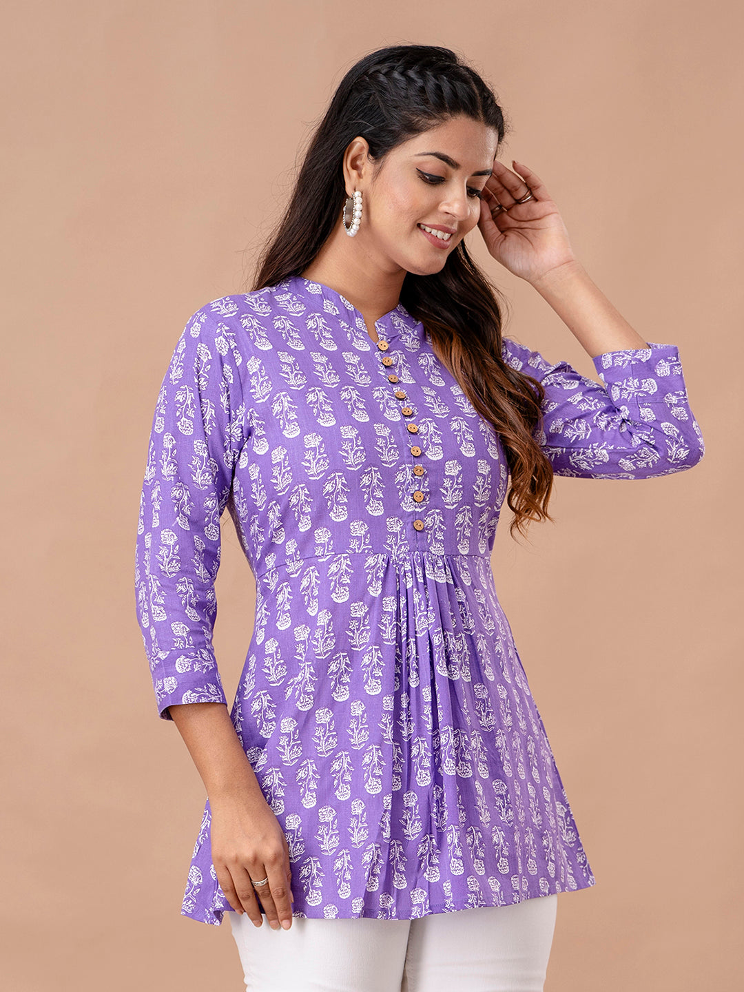 Floral Printed Pure Cotton Pleated A-Line Kurti FRKT6241