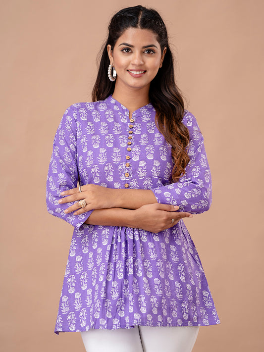 Floral Printed Pure Cotton Pleated A-Line Kurti FRKT6241