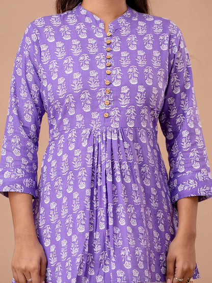 Floral Printed Pure Cotton Pleated A-Line Kurti FRKT6241