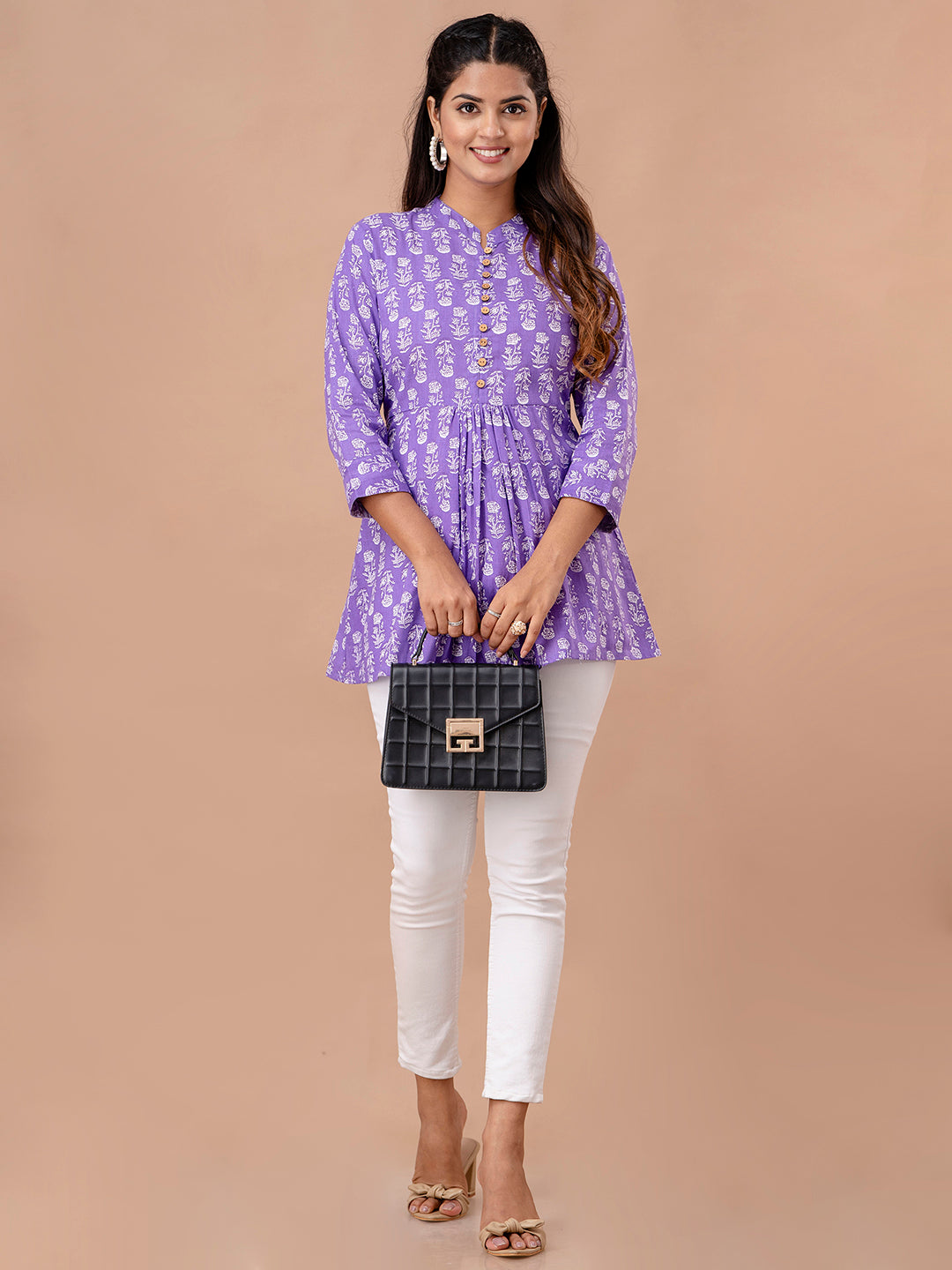 Floral Printed Pure Cotton Pleated A-Line Kurti FRKT6241