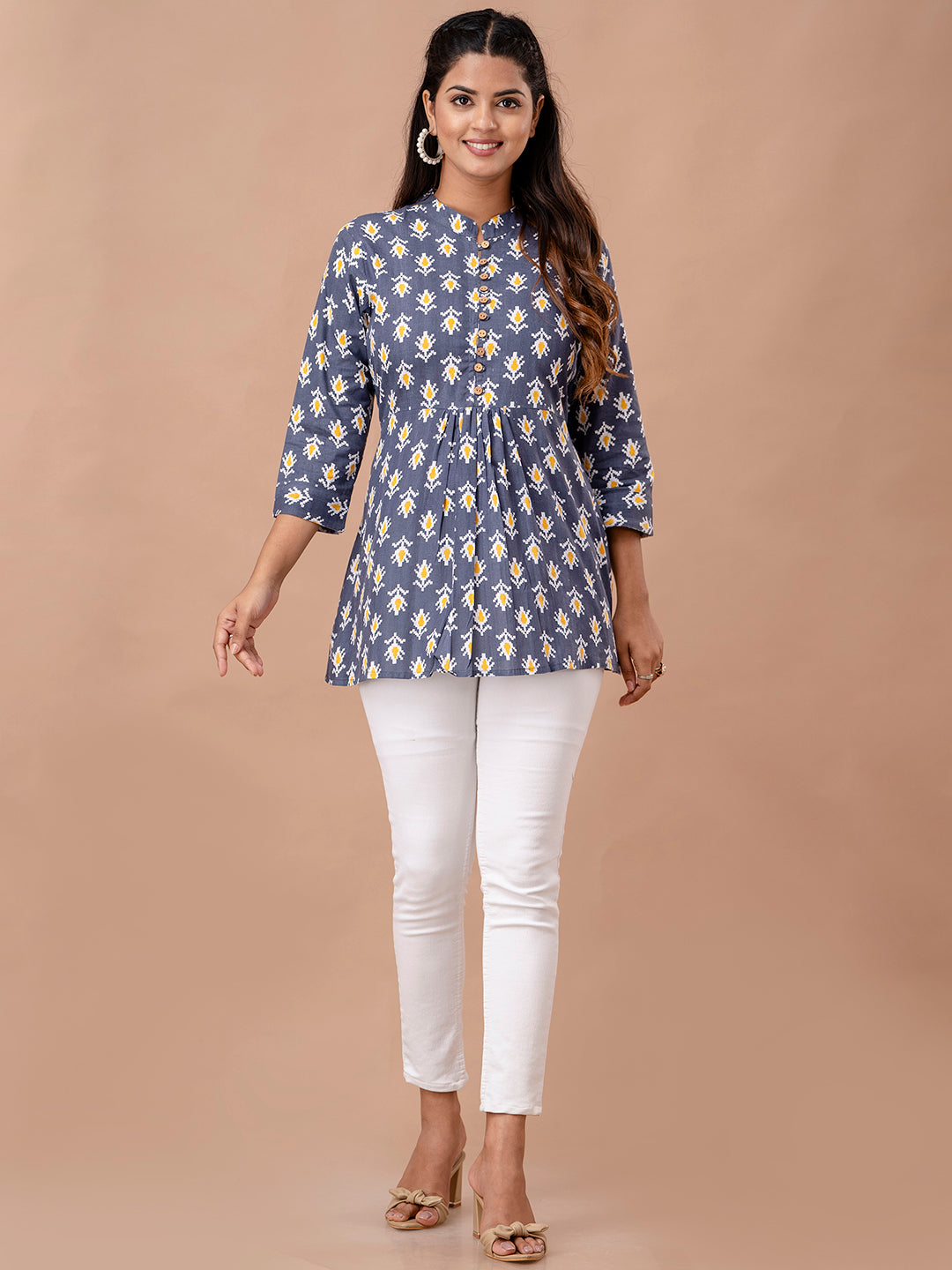 Floral Printed Pure Cotton Pleated A-Line Kurti FRKT6242