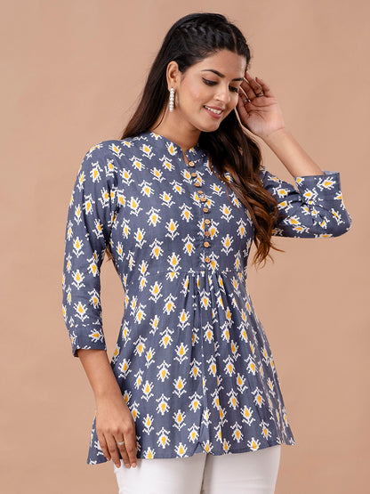 Floral Printed Pure Cotton Pleated A-Line Kurti FRKT6242