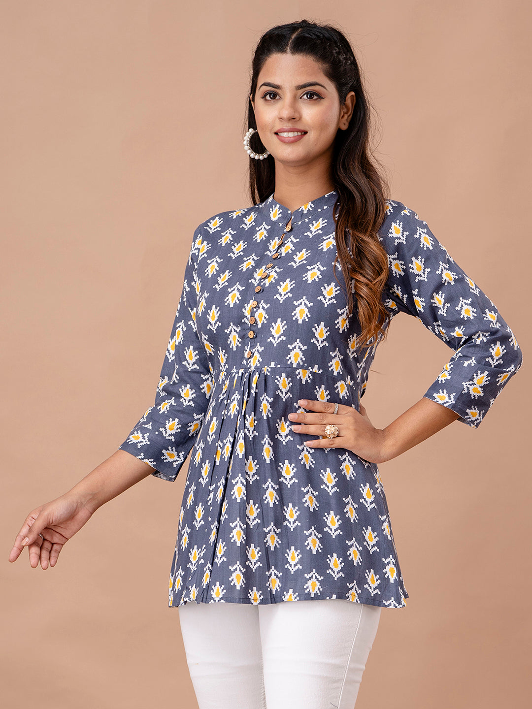 Floral Printed Pure Cotton Pleated A-Line Kurti FRKT6242
