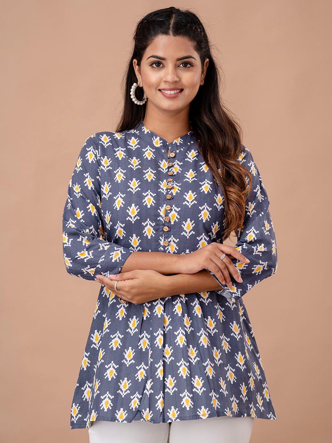 Floral Printed Pure Cotton Pleated A-Line Kurti FRKT6242