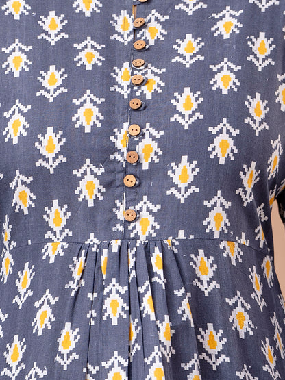 Floral Printed Pure Cotton Pleated A-Line Kurti FRKT6242