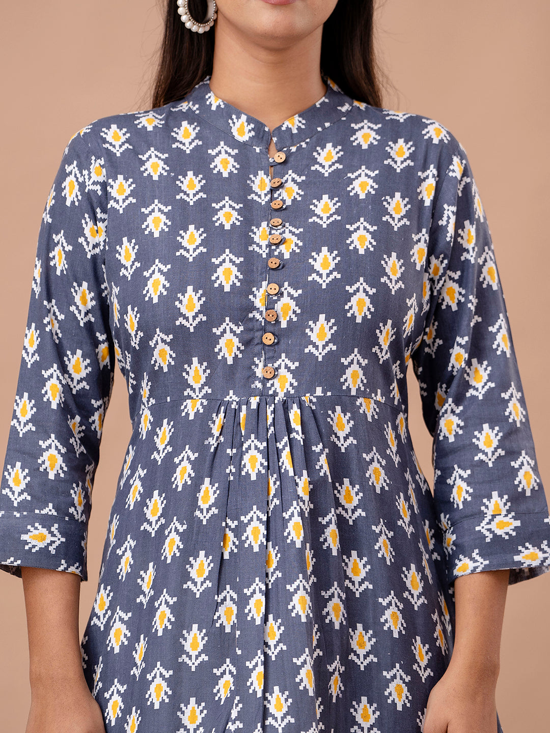 Floral Printed Pure Cotton Pleated A-Line Kurti FRKT6242