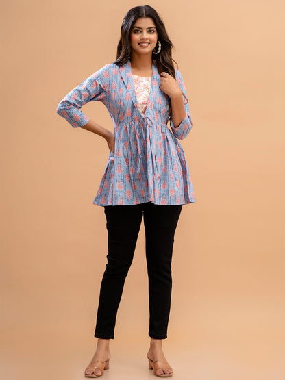 Floral Printed Shirt Collar Pure Cotton Pleated Kurti FRKT6216