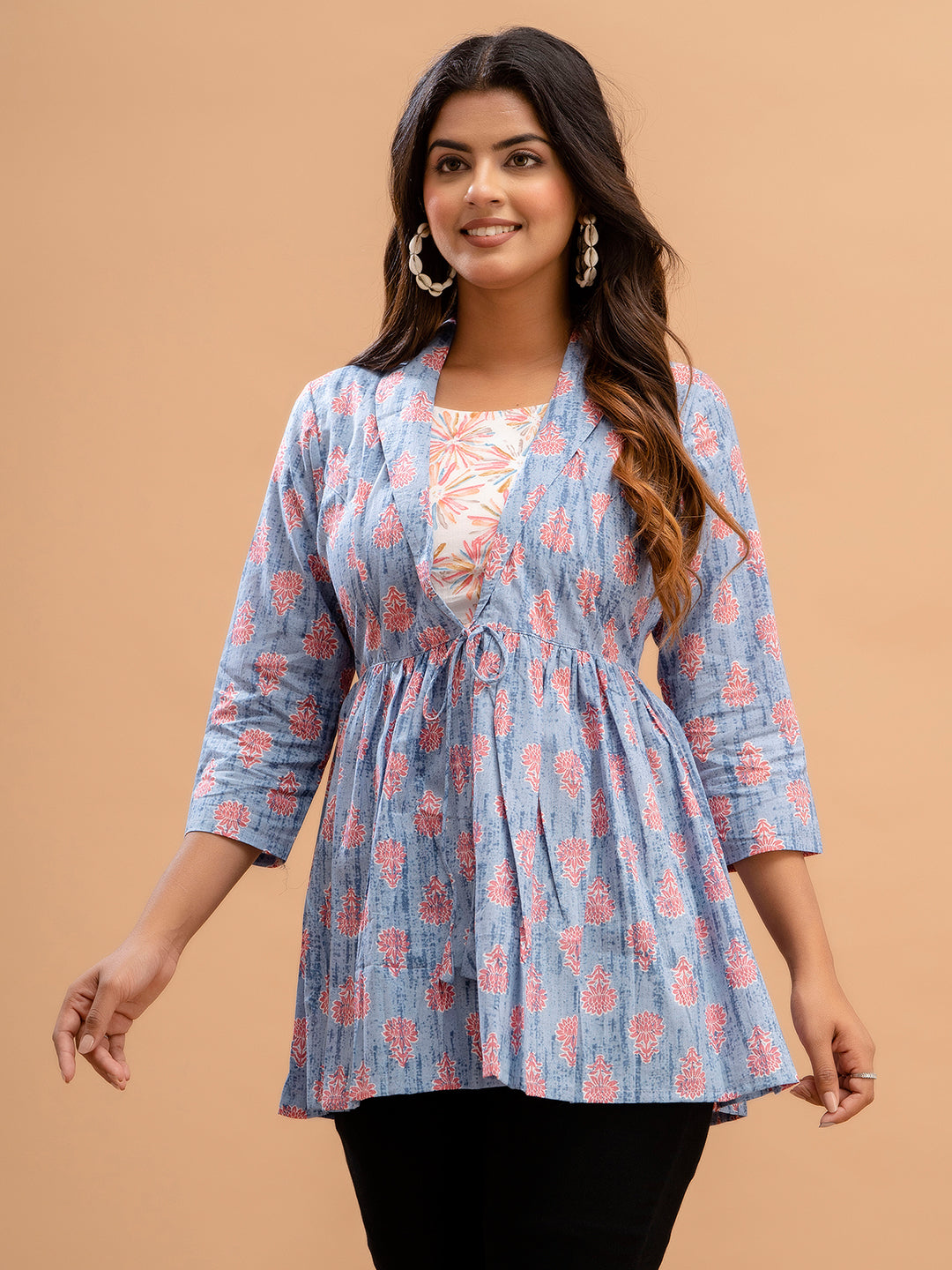 Floral Printed Shirt Collar Pure Cotton Pleated Kurti FRKT6216