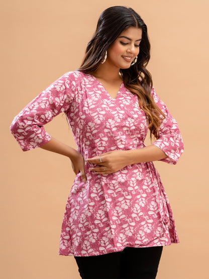 Floral Printed V-Neck Pure Cotton Angrakha A-Line Kurti FRKT6177