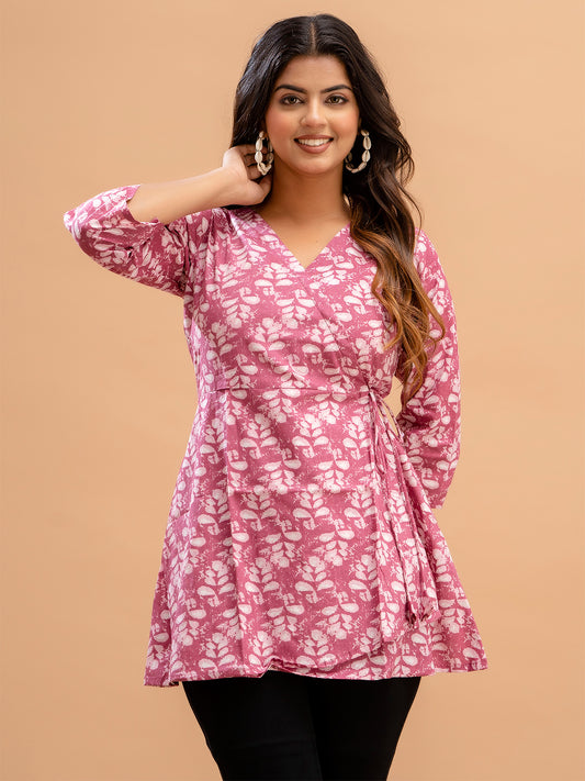 Floral Printed V-Neck Pure Cotton Angrakha A-Line Kurti FRKT6177