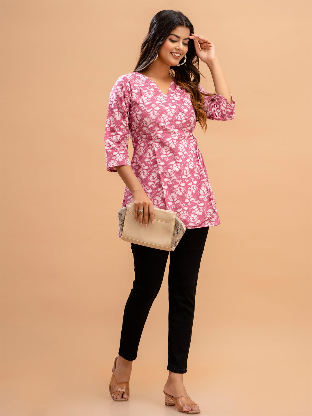Floral Printed V-Neck Pure Cotton Angrakha A-Line Kurti FRKT6177