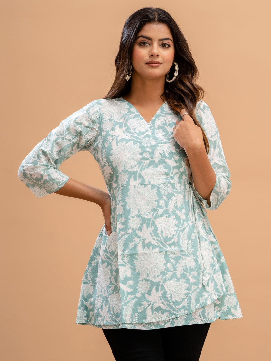Floral Printed V-Neck Pure Cotton Angrakha A-Line Kurti FRKT6178