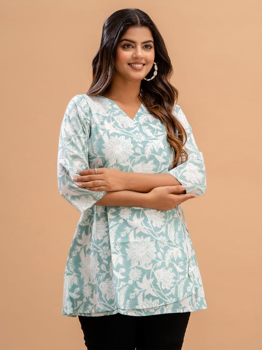 Floral Printed V-Neck Pure Cotton Angrakha A-Line Kurti FRKT6178