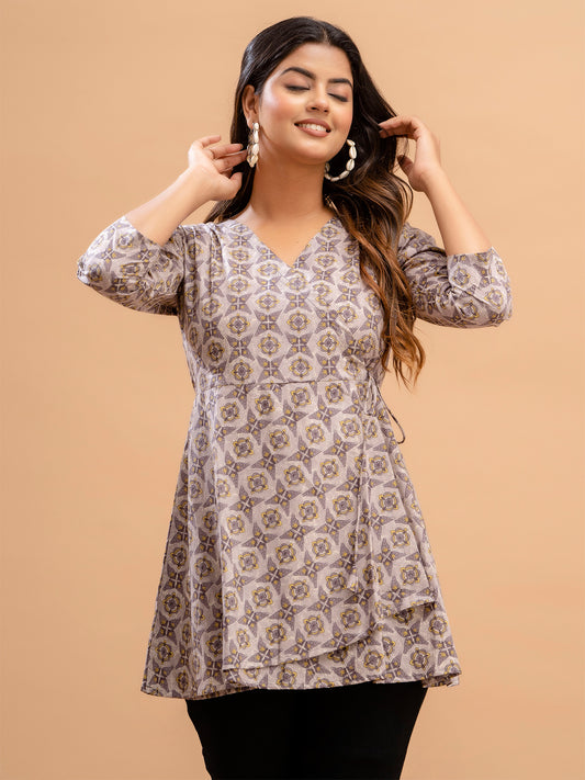 Floral Printed V-Neck Pure Cotton Angrakha A-Line Kurti FRKT6188