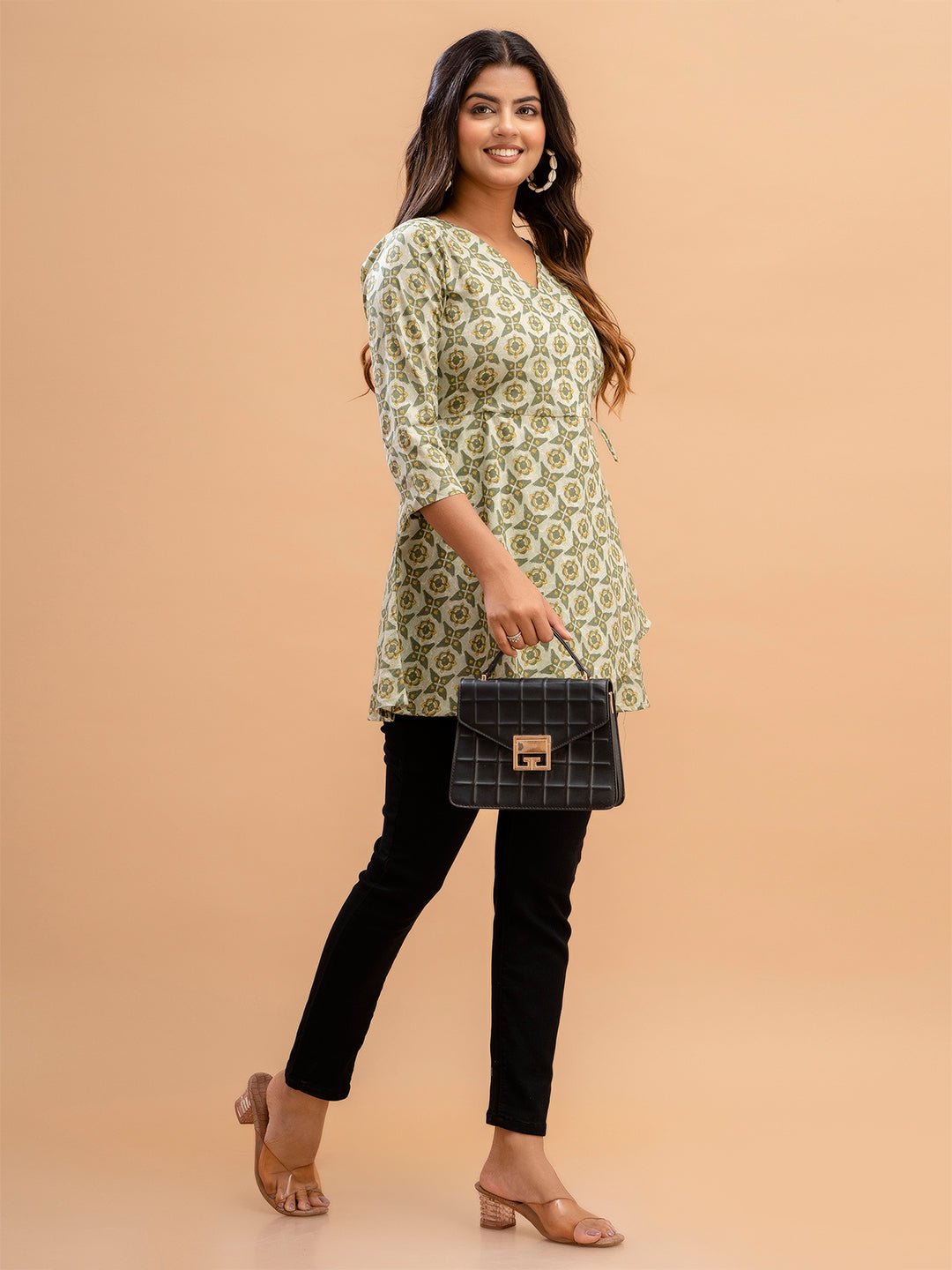 Floral Printed V-Neck Pure Cotton Angrakha A-Line Kurti FRKT6190