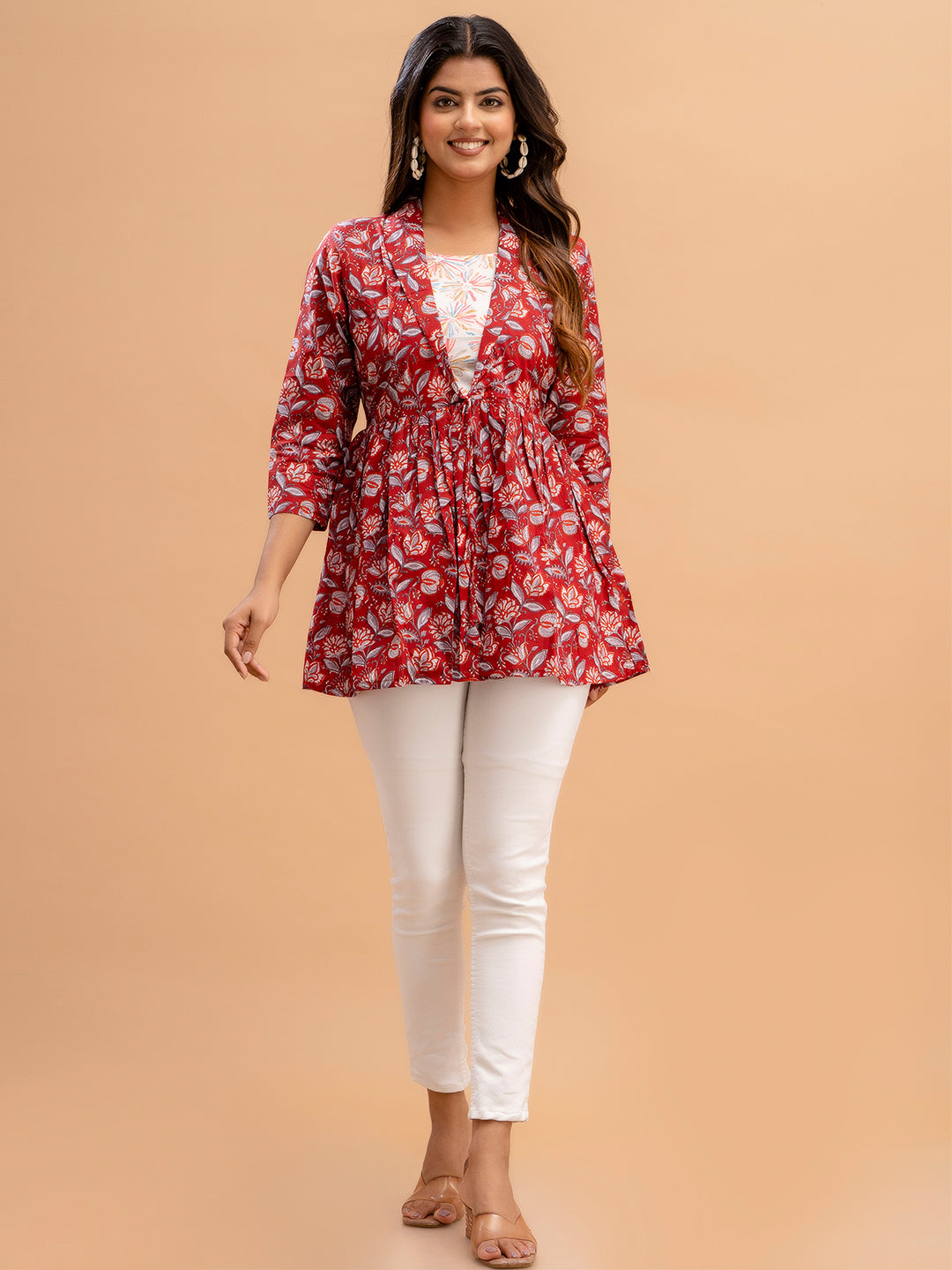 Floral Printed Shirt Collar Pure Cotton Pleated Kurti FRKT6217