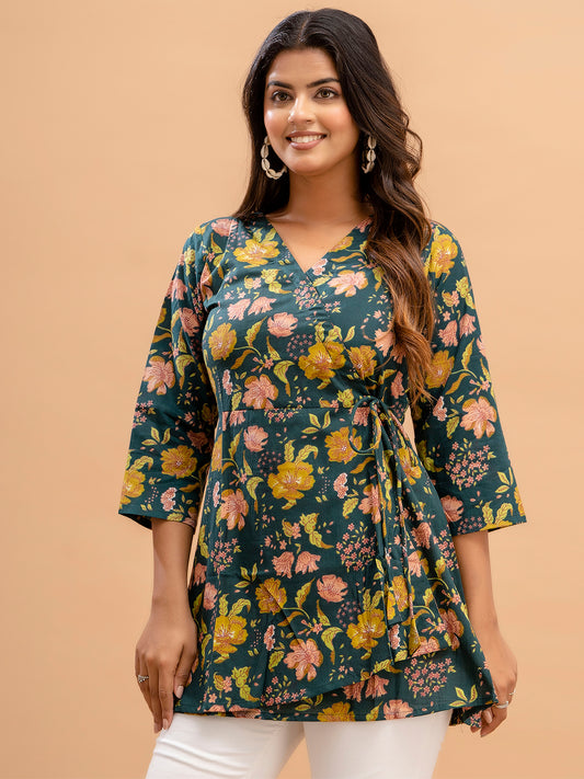 Floral Printed V-Neck Pure Cotton Angrakha A-Line Kurti FRKT6179