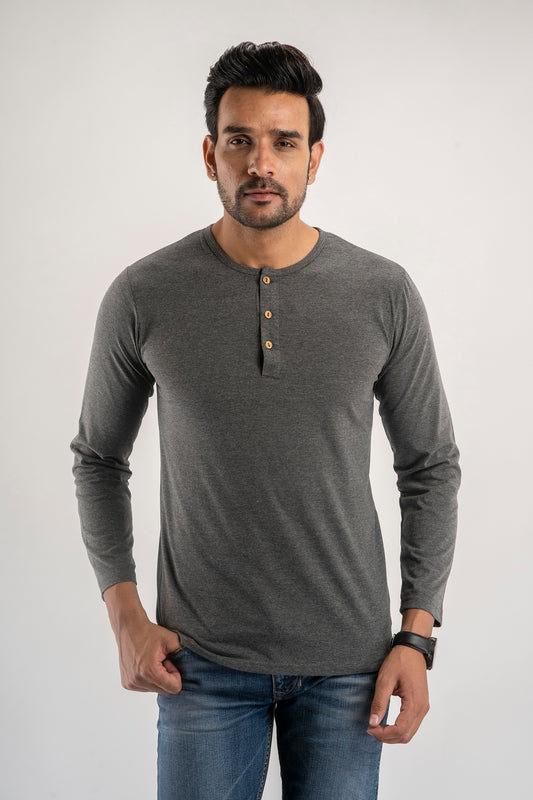 Plain Dark Grey Henley Full Sleeves T-Shirt