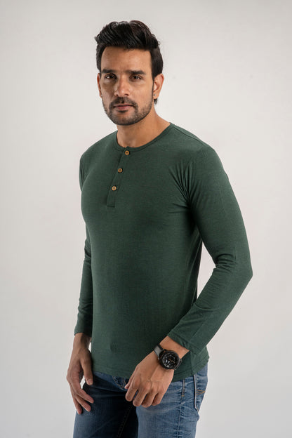Plain Green Melange Henley Full Sleeves T-Shirt
