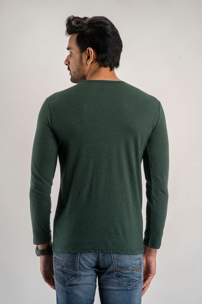 Plain Green Melange Henley Full Sleeves T-Shirt