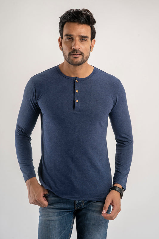 Plain Blue Melange Henley Full Sleeves T-Shirt