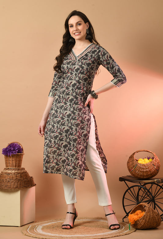 V-Neck Floral Print Long Kurti FRKT6444