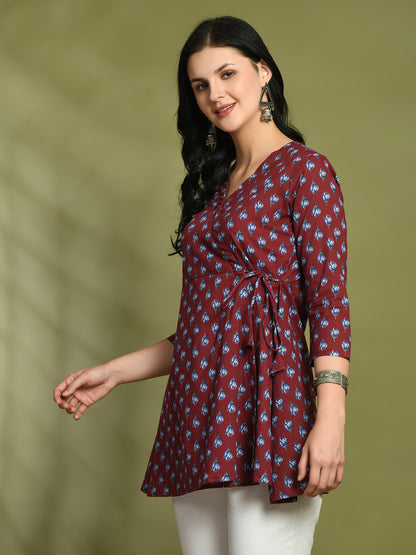 Floral Print Angrakha 3\4 Sleeves Flared Kurti