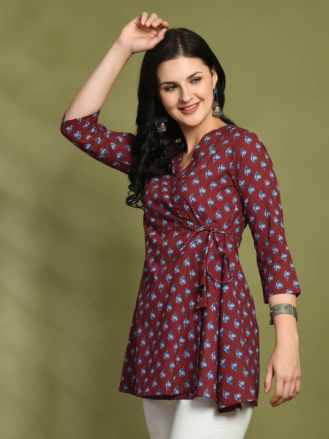 Floral Print Angrakha 3\4 Sleeves Flared Kurti