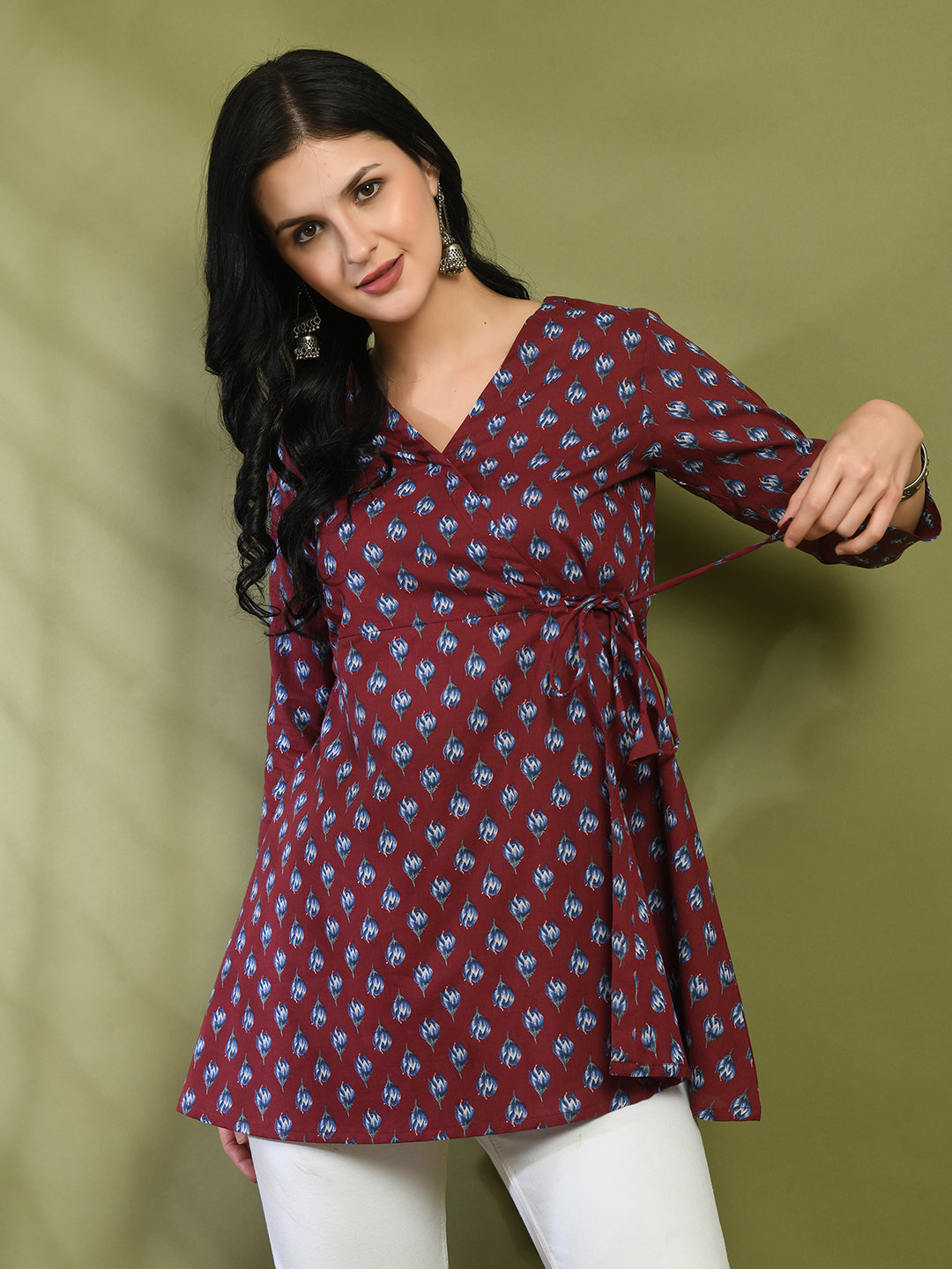 Floral Print Angrakha 3\4 Sleeves Flared Kurti