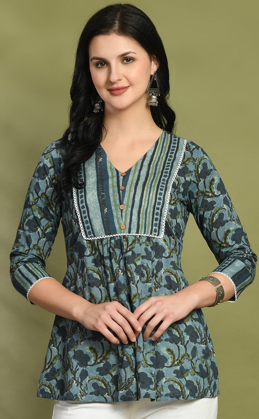 V-Neck Floral Print Peplum Short Kurti FRKT6442