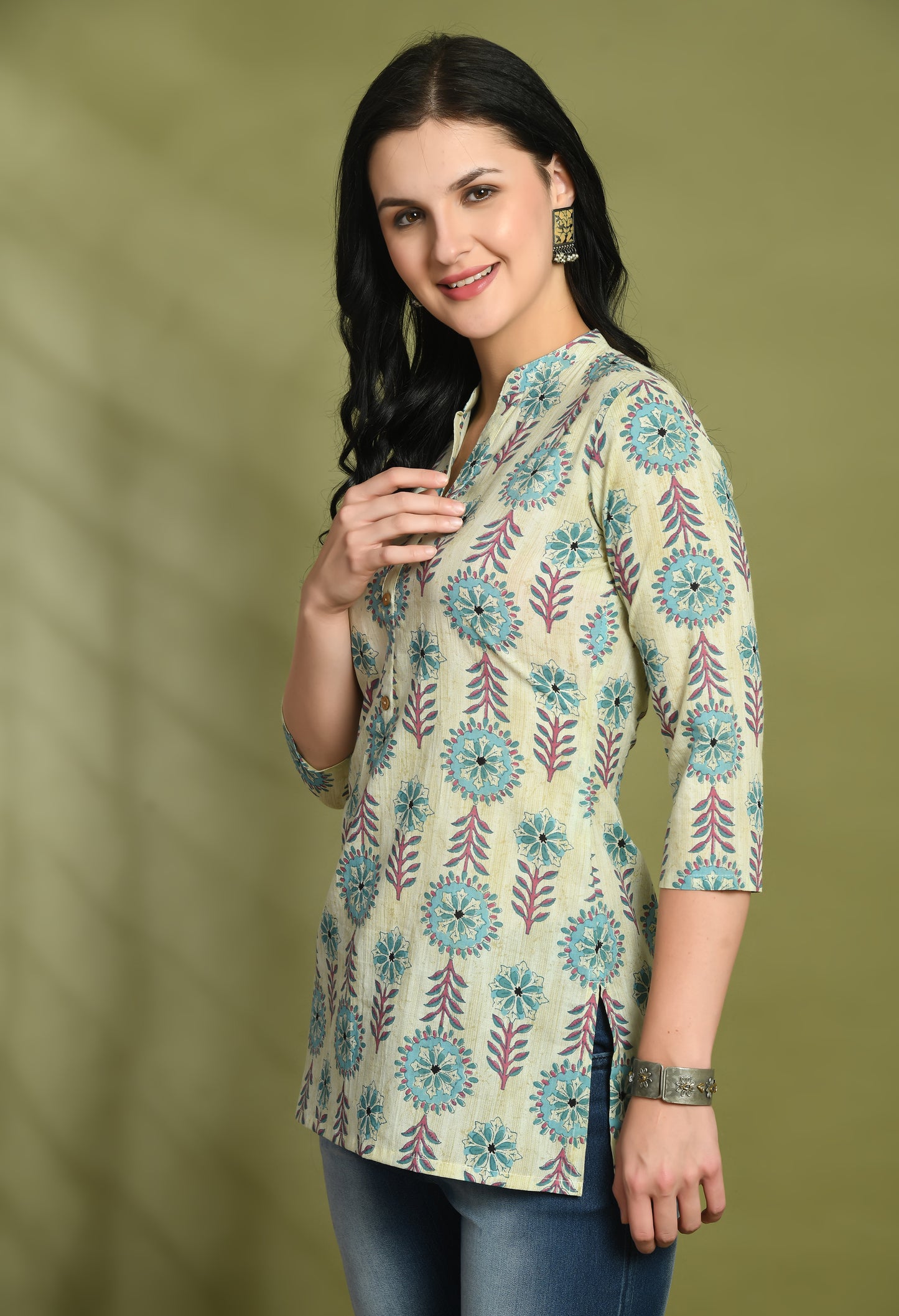 Ethnic Print Three Button Flared Kurti FRKT6447
