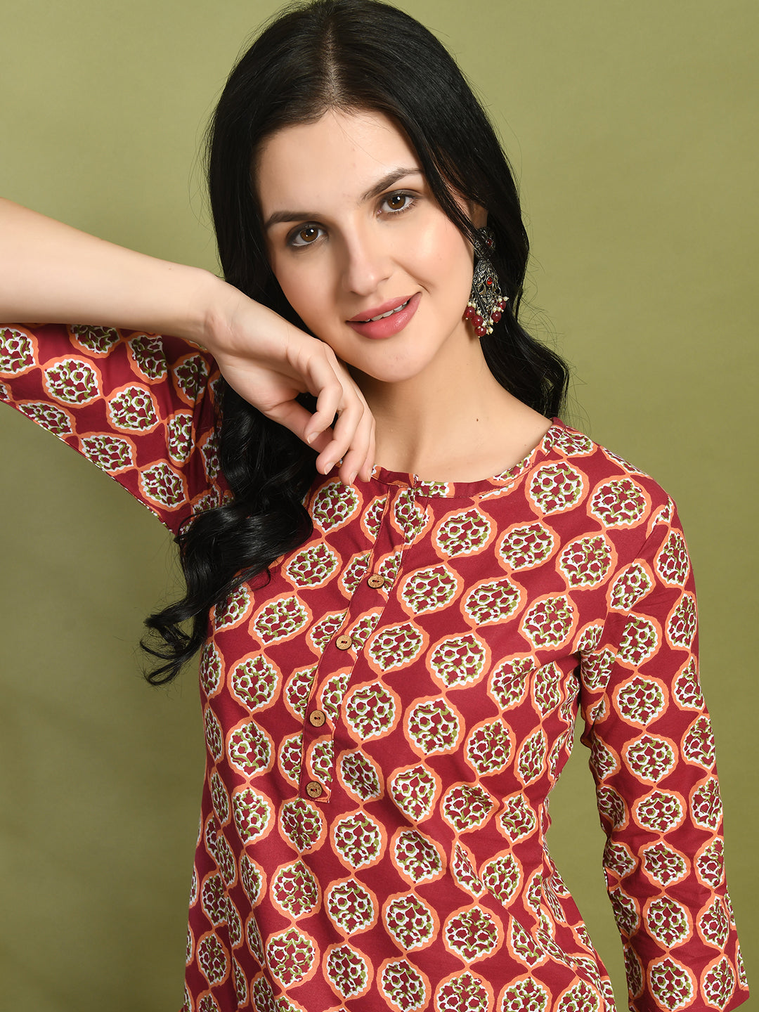 Floral Print 4 Button Straight Kurti FRKT6453